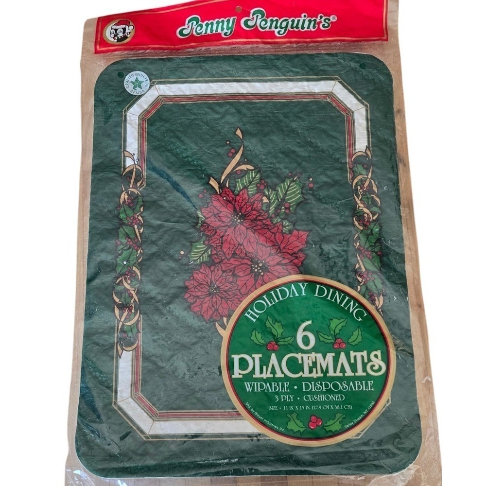 NWT Vintage PENNY PENGUIN'S Christmas 6 Placemats Red Poinsettias  15" X 11"